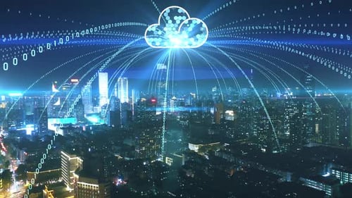 intelligente Skyline der vernetzten Stadt. Futuristisches Netzwerkkonzept, City Technology.