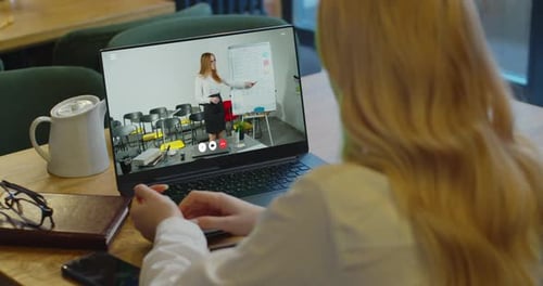 Woman Studying at Home Office Online By Conference Video Call Laptop Speak Communicates Teacher