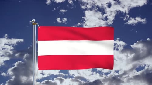 Waving Flag of Austria Against a Cloudy Blue Sky