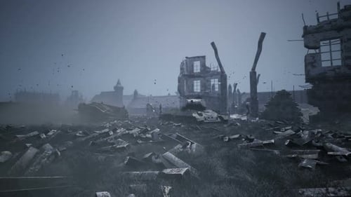 Gritty War-Torn City with Abandoned Tanks and Ruined Buildings