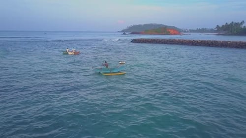 Fishermen Sail on Boats Along Sea Near Pier Bird Eye View