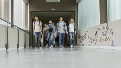 Group of college students walking in corridor