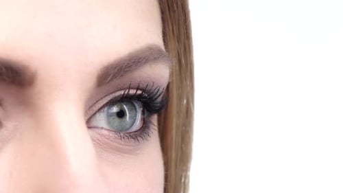 Woman Eye Makeup Isolated on White. Close Up. Slow Motion