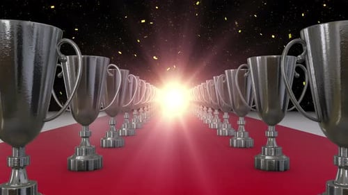 Elegant 3D Awards Trophies on Red Carpet Celebration