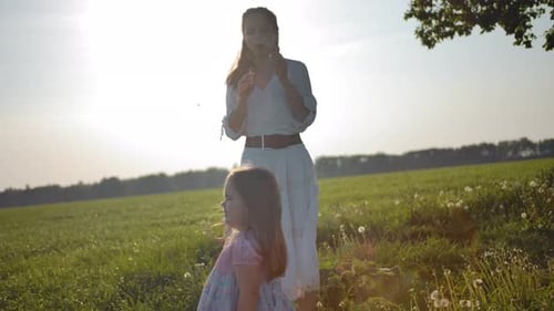 Mother and Daughter Blowing Bubbles in Sunny Field