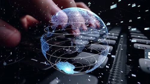 Man working on computer with graphic of mathematics coding modernization