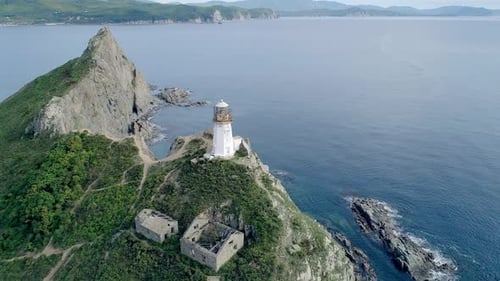 Aerial View of an Old Lighthouse on the Cliff on Pacific Coast