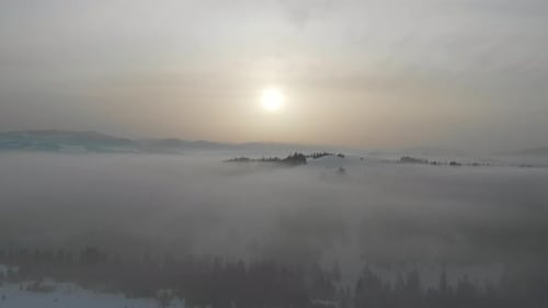Aerial Drone View to Fog and Clouds Over Carpathian Mountains