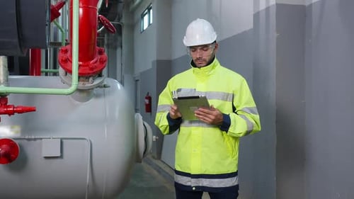 Engenheiro usando tablet digital para inspecionar