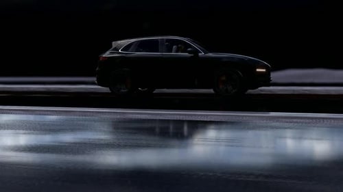 Sleek SUV Drives on Wet Road at Night with Rain