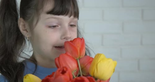 Child Smelling a Bouquet of Colorful Tulips