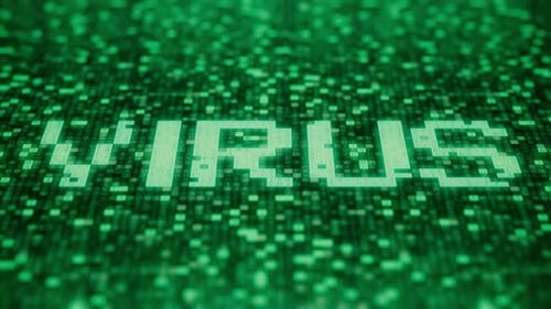 Símbolos piscando em uma tela verde compõem a palavra VIRUS