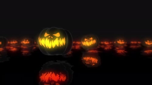 Spooky Halloween Jack-o'-Lanterns Floating in Dark Water