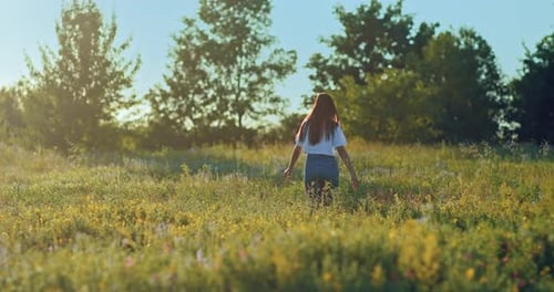 Young Brunette Woman is Walking on Beautiful Lawn in Countryside Rear View Prores