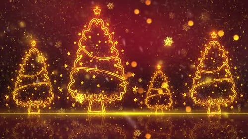 Golden Christmas Trees with Sparkling Snowflakes and Festive Particles Loop