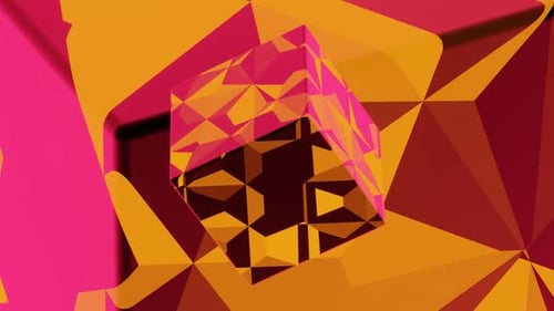 Vj Loop-Animation eines orangefarbenen Würfels, der auf einem orangefarbenen Hintergrund fliegt 02