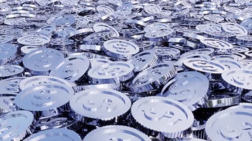 Shiny Silver Dollar Coins Falling and Piling Up Animation