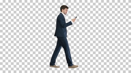 Serious businessman using phone voice, Alpha Channel