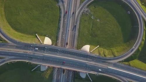 Summer Aerial Footage of Transport Junction, Traffic Cross Road Junction Day View From Above