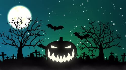 Halloween Spooky Night Animation with Glowing Pumpkin and Flying Bats