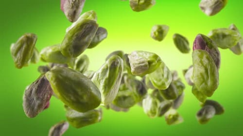 Flying of Peeled Pistachios in Green Background