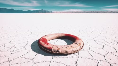 Abandoned Lifebuoy in Dry, Cracked Desert