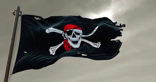 Realistic Waving Pirate Flag with Skull and Crossbones