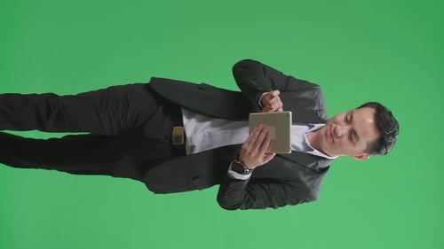 Asian Business Man Use Tablet While Walking On Green Screen Chroma Key