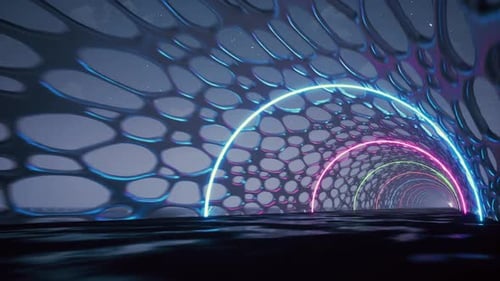 Fluorescent Ultraviolet Light, Glowing Neon Lines, Moving Forward Inside Tunnel