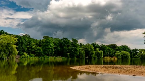 Calm lake in green city park.