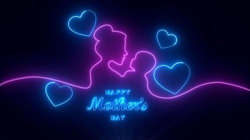 Neon Mother and Child Silhouette for Happy Mother's Day Celebration
