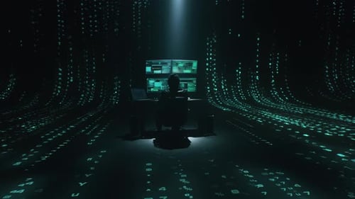 Hacker Coding in a Dark Futuristic Room