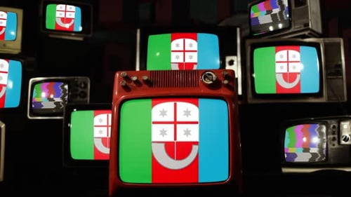 Vintage TVs Stacked, Displaying Static and Test Pattern