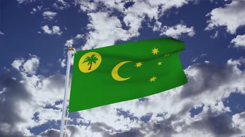 Cocos Keeling Islands Flag Waving in Realistic Cloudy Sky