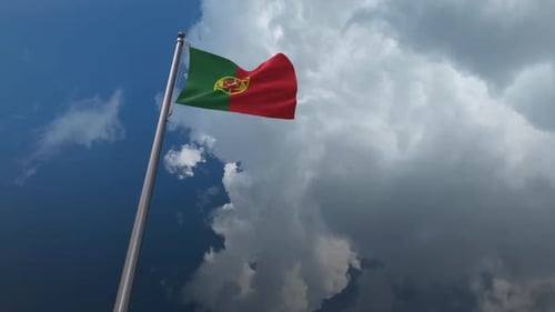 Realistic Waving Portugal Flag on a Pole with Cloudy Sky