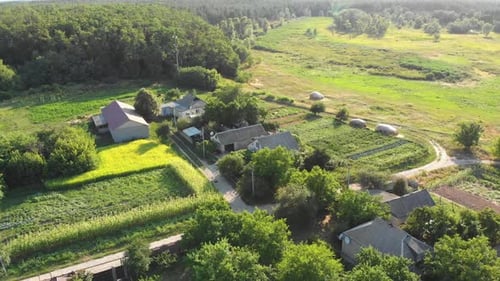 Aerial View of the Countryside and Small Village with Green Fields and Meadows