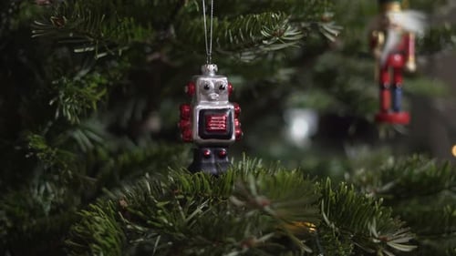 Vintage Robot Decoration Toys on Christmas Tree. 4K Shot.