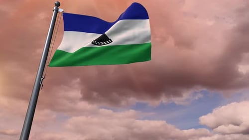 Animated Lesotho National Flag Waving with Dramatic Sky