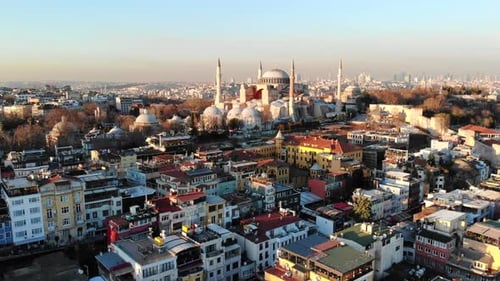 Evening Aerial Panorama of Istanbul Overlooking Hagia Sophia