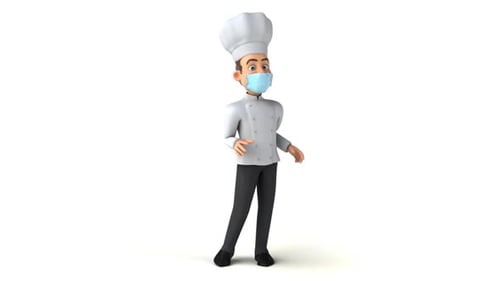 Divertido chef de desenho animado em 3D caminhando e se apresentando com uma máscara