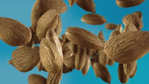 Almonds Falling in Slow Motion on Blue Background
