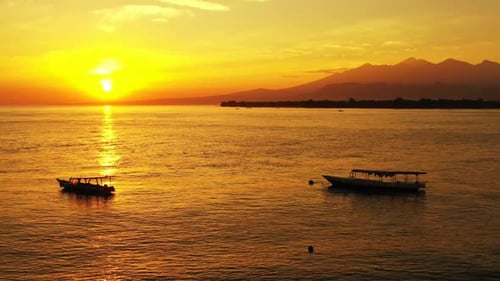 Aerial top down nature of relaxing resort beach adventure by blue ocean and white sand background of