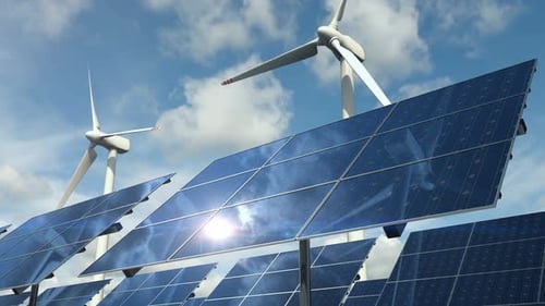 Types of Ecological Clean Power with Solar Panels Cells and Wind Turbines Loop