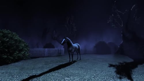 Animated 3D Horse in an Eerie Moonlight Night Scene
