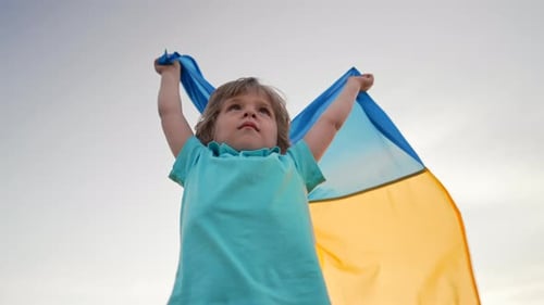 Child Holding a Flag Up to the Sky