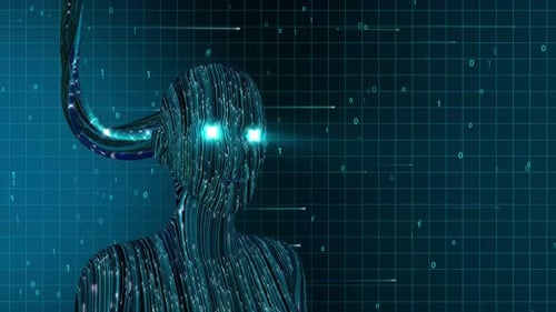 Futuristic Cybernetic Human Head with Glowing Eyes and Data Flow