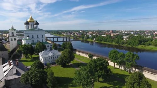 Aerial of Pskov Kremlin and Trinity Cathedral