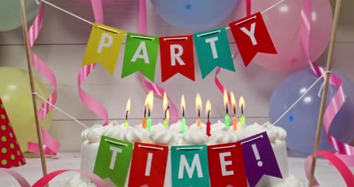 Festive Party Time Cake with Balloons and Candles