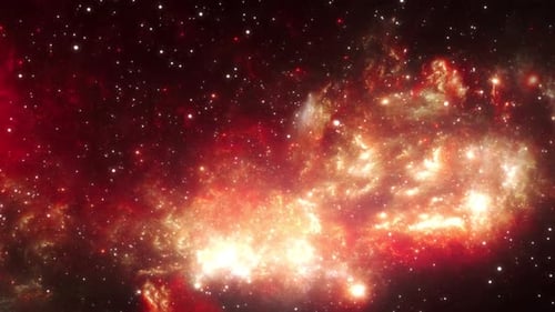 Voyage cosmique à travers des nébuleuses et des constellations rouge-orange vif.