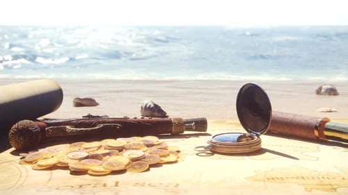 Animated Pirate Treasure Map with Gold Coins and Compass